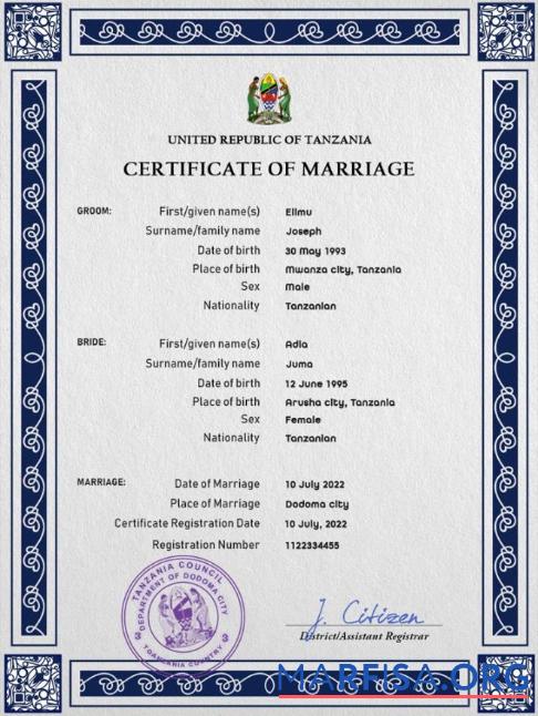 Blank Tanzania marriage certificate PSD template